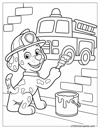 Marshall Painting a Firetruck Mural on a Wall With His Tail Dipped in Red Paint Coloring Page