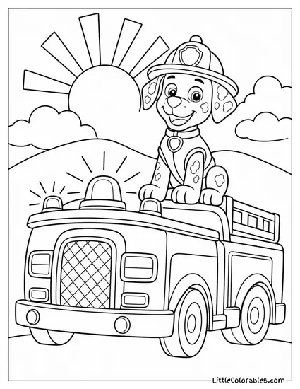 Marshall Proudly Sitting Atop His Fire Truck With the Siren Blaring at Sunrise Coloring Page
