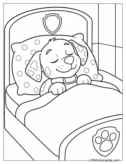 Marshall Sleeping in His Firehouse Bunk With a Cozy Blanket and a Spotted Pillow Coloring Page