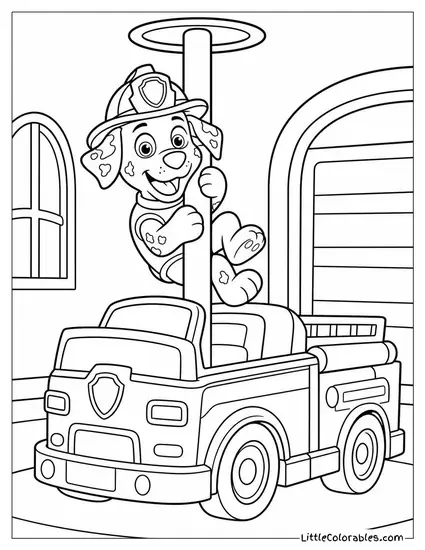 Marshall Sliding Down a Fire Pole Into His Truck With an Excited Yell Coloring Page