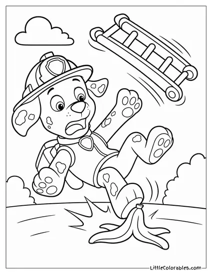 Marshall Slipping on a Banana Peel With His Ladder Swinging Wildly Overhead Coloring Page