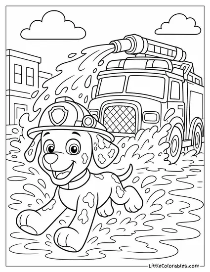 Marshall Splashing Through a Flooded Street With His Fire Truck Throwing a Wave Coloring Page