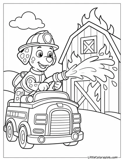 Marshall Spraying Water From His Fire Truck Hose at a Blazing Barn With a Brave Expression Coloring Page