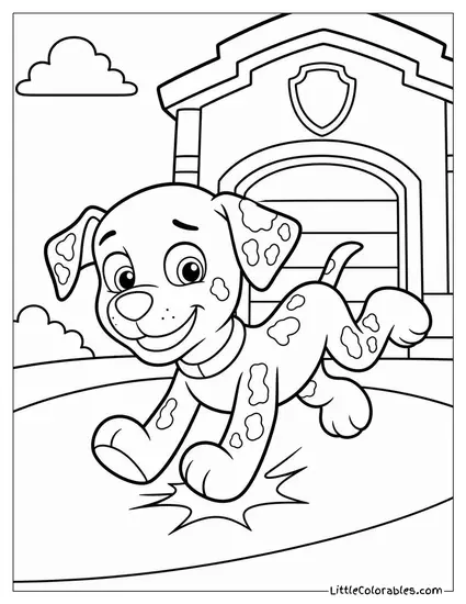 Marshall Tripping Over His Own Paws With a Sheepish Grin Outside the Fire Station Coloring Page