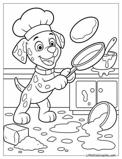 Marshall Wearing a Chef Hat Flipping a Pancake With a Messy Kitchen Behind Him Coloring Page