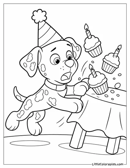 Marshall Wearing a Party Hat and Bumping Into a Table of Birthday Cupcakes Coloring Page