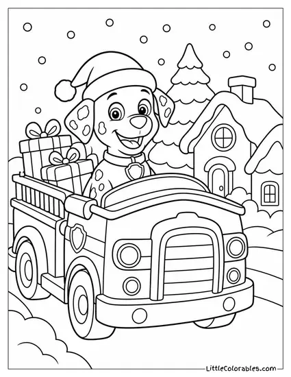 Marshall Wearing a Santa Hat Delivering Gifts in His Fire Truck Through a Snowy Village Coloring Page