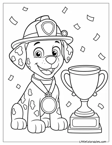 Marshall Wearing a Shiny Medal Beside a Golden Trophy With Confetti Falling Around Him Coloring Page