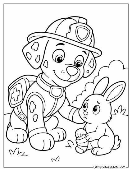 Marshall Wearing His Paramedic Gear Checking on a Hurt Bunny With a Gentle Smile Coloring Page