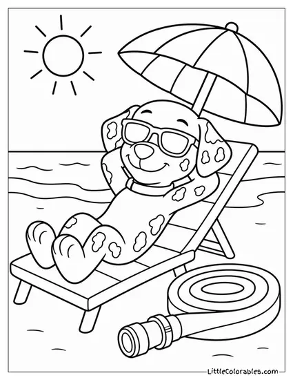 Marshall Wearing Sunglasses and Sunbathing Beside a Firefighter Hose on the Beach Coloring Page