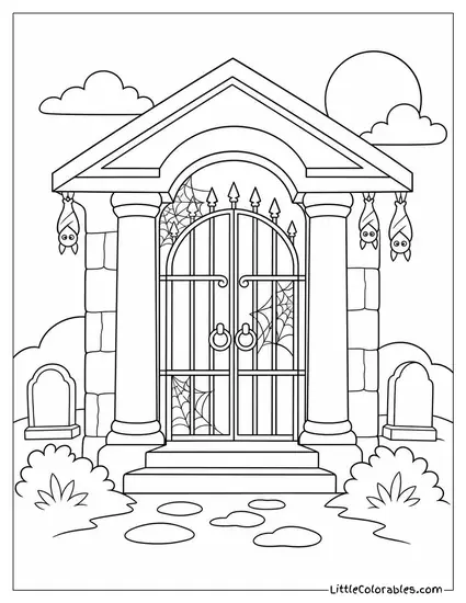 Mausoleum With Cobwebs on Its Iron Door and Bats Hanging From the Roof Coloring Page