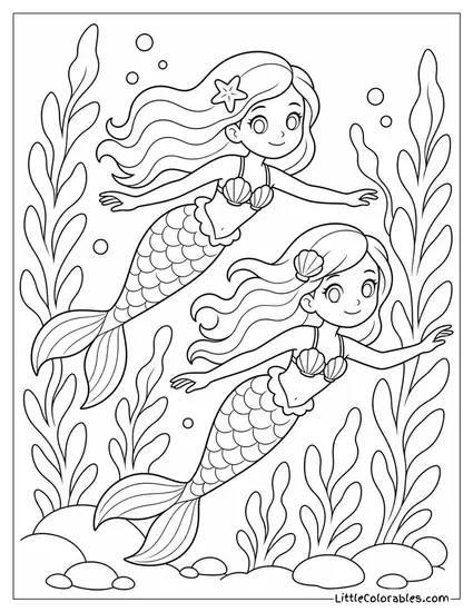 Mermaid Sisters Swimming Through a Kelp Forest Coloring Page