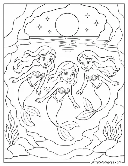 Mermaid Trio Swimming Together Through a Moon Pool Coloring Page