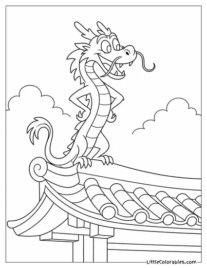 Mushu the Small Red Dragon Perched Proudly on a Temple Roof Coloring Page