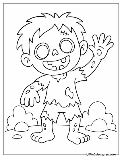 My Friend Is a Zombie Style Cartoon Kid Zombie Waving Happily Coloring Page