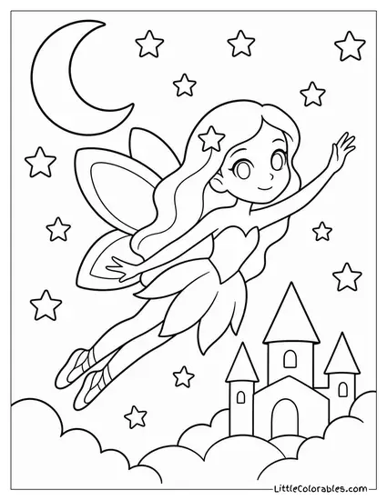 Nyx the Night Fairy Flying Beneath a Sky Full of Twinkling Stars Coloring Page