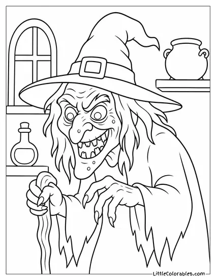 Old Witch With Sunken Hollow Eyes and Jagged Rotten Teeth Grinning Wickedly Coloring Page