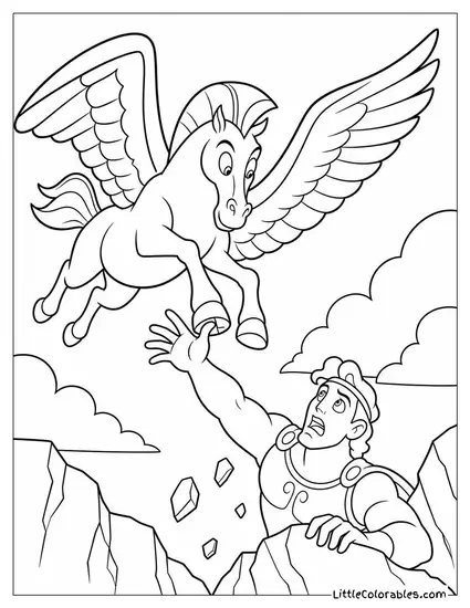 Pegasus From Hercules Bravely Diving to Rescue Hercules From Danger Coloring Page