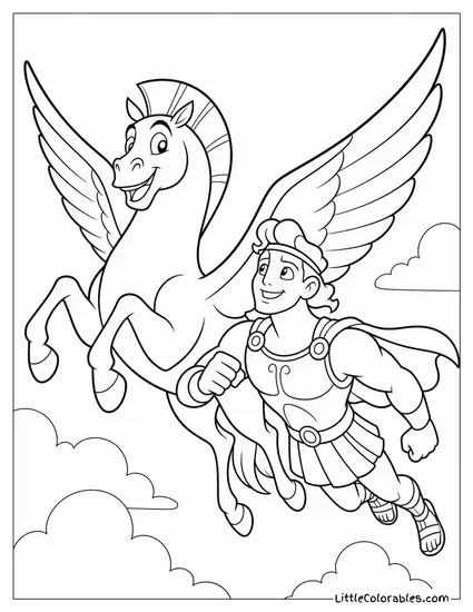 Pegasus From Hercules Flying Proudly Beside a Young Hercules Through the Sky Coloring Page