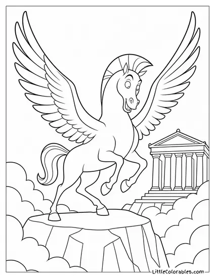 Pegasus From Hercules Landing Gracefully Atop Mount Olympus Coloring Page