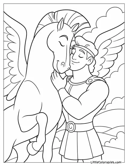 Pegasus From Hercules Nuzzling Hercules Affectionately in a Sunlit Field Coloring Page