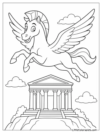 Pegasus From Hercules Soaring Above a Glowing Greek Temple Coloring Page
