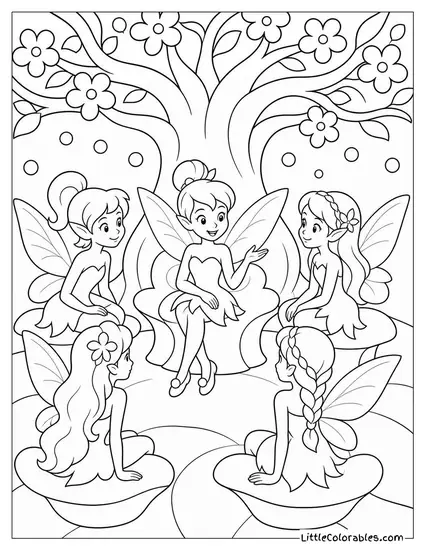 Pixie Hollow Fairy Council Gathered Beneath a Blossoming Pixie Dust Tree Coloring Page