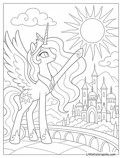 Princess Celestia Raising the Sun Over a Glowing Kingdom Coloring Page