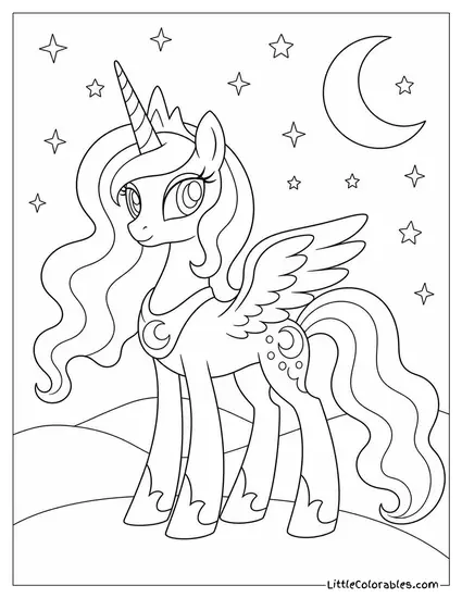 Princess Luna Standing Beneath a Starry Night Sky Coloring Page