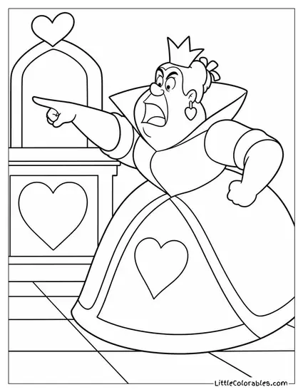 Queen Of Hearts Dramatically Pointing During A Courtroom Trial Coloring Page