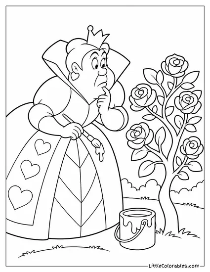 Queen Of Hearts Examining A Rose Bush Being Hastily Painted Red Coloring Page