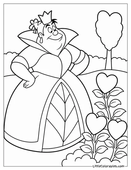 Queen Of Hearts Inspecting Her Garden With Hands On Her Hips Coloring Page