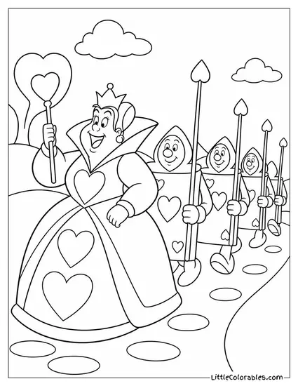 Queen Of Hearts Marching At The Head Of A Parade Of Playing Cards Coloring Page