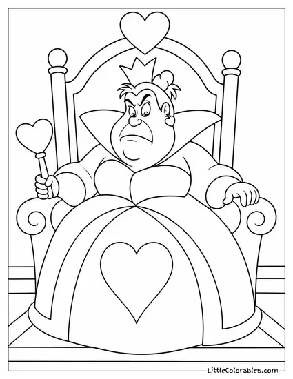 Queen Of Hearts Seated On Her Ornate Throne Glaring Down Coloring Page