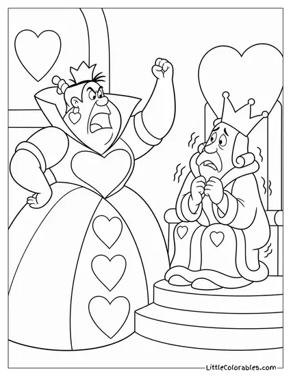 Queen Of Hearts Shaking A Fist Beside A Trembling King Of Hearts Coloring Page