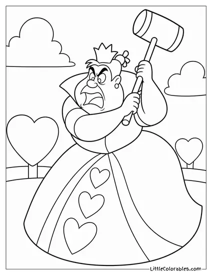 Queen Of Hearts Swinging A Croquet Mallet With A Furious Expression Coloring Page