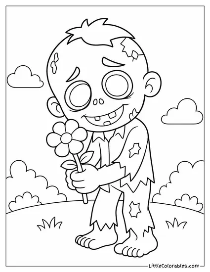 R J the Romantic Zombie Clutching a Flower With a Hopeful Smile Coloring Page