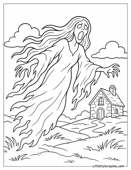 Realistic Banshee Drifting Through a Foggy Moor With Wailing Silhouette Coloring Page