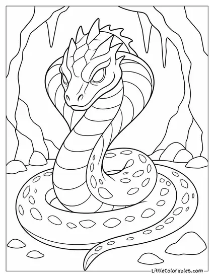 Realistic Basilisk Coiled in a Dark Cavern With Glowing Venomous Eyes Coloring Page