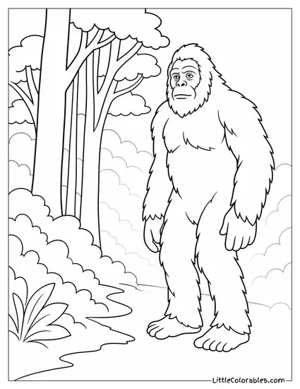 Realistic Bigfoot Standing at the Edge of a Dense Foggy Forest Coloring Page