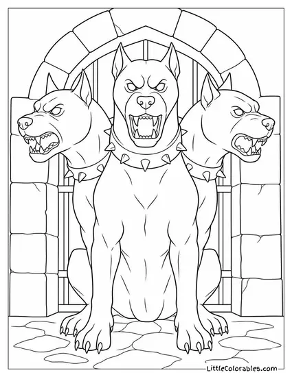 Realistic Cerberus Guarding a Shadowy Gate With Three Snarling Heads Coloring Page