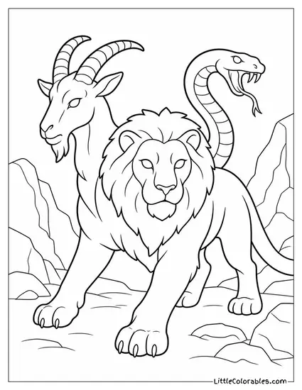 Realistic Chimera Prowling a Rocky Canyon With Lion Goat and Serpent Heads Coloring Page