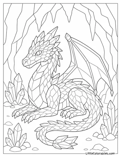 Realistic Crystal Dragon With Translucent Gemstone Scales Glinting in Cave Light Coloring Page
