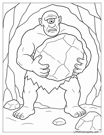 Realistic Cyclops Standing in a Rocky Cave Clutching a Massive Boulder Coloring Page