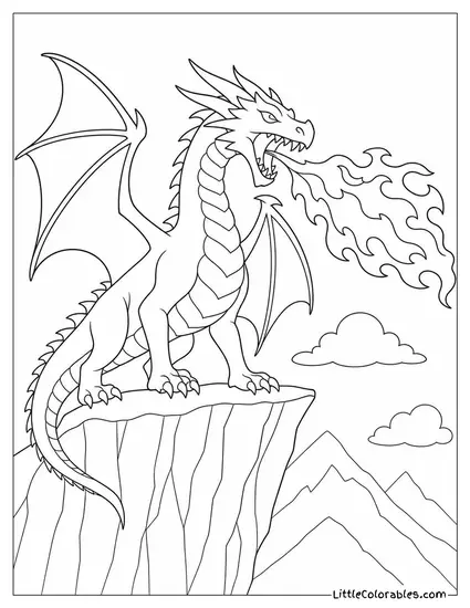 Realistic Dragon Breathing Fire From a Cliff Edge With Detailed Scales Catching the Light Coloring Page
