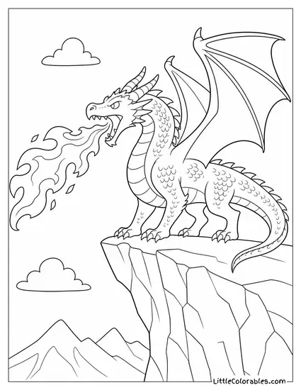 Realistic Dragon Breathing Fire From a Cliff Edge With Scales Catching the Light Coloring Page