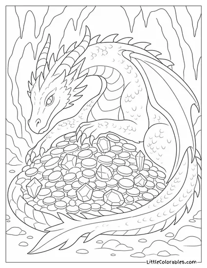 Realistic Dragon Curled Around a Mountain of Gold Coins and Gemstones in a Cave Coloring Page