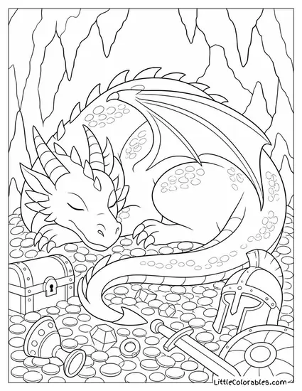 Realistic Dragon Curled Asleep on a Hoard of Ancient Treasure and Rusted Armor Coloring Page