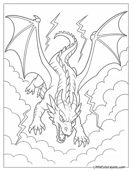 Realistic Dragon Diving Through Storm Clouds With Lightning Crackling Around Its Wings Coloring Page