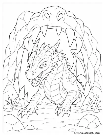 Realistic Dragon Emerging From a Cave Mouth Shaped Like Its Own Open Jaws Coloring Page